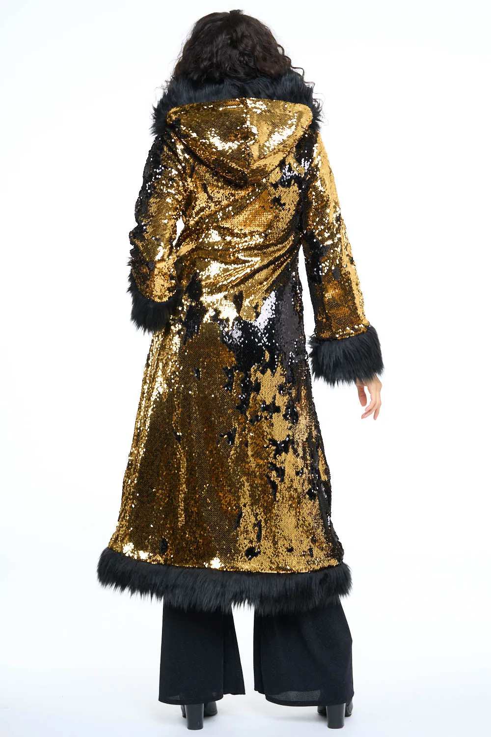 Deluxe Tamo Coat: Gold & Black Flip Sequin   Black Faux Fur Trim