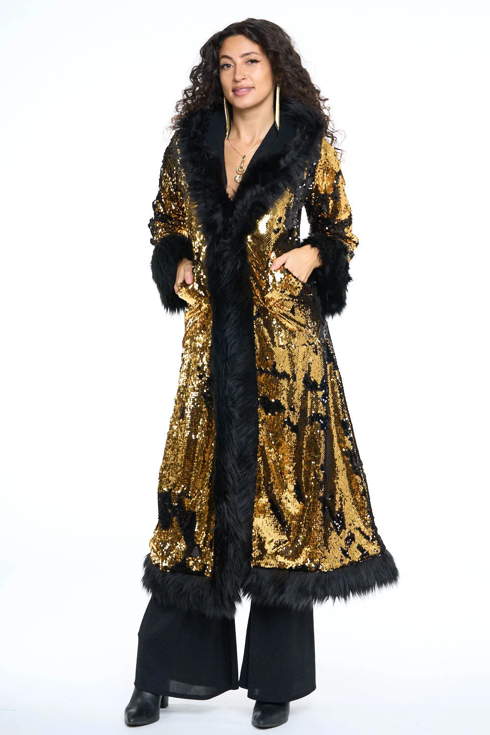 Deluxe Tamo Coat: Gold & Black Flip Sequin   Black Faux Fur Trim