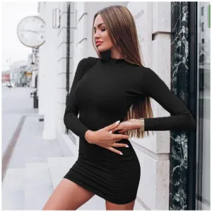 DressBetty - Sexy Solid Color Turtleneck Skinny Mini Dress