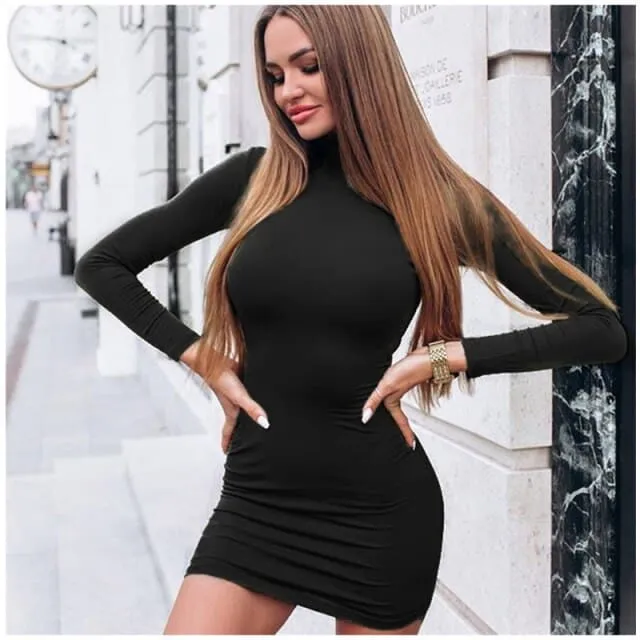 DressBetty - Sexy Solid Color Turtleneck Skinny Mini Dress