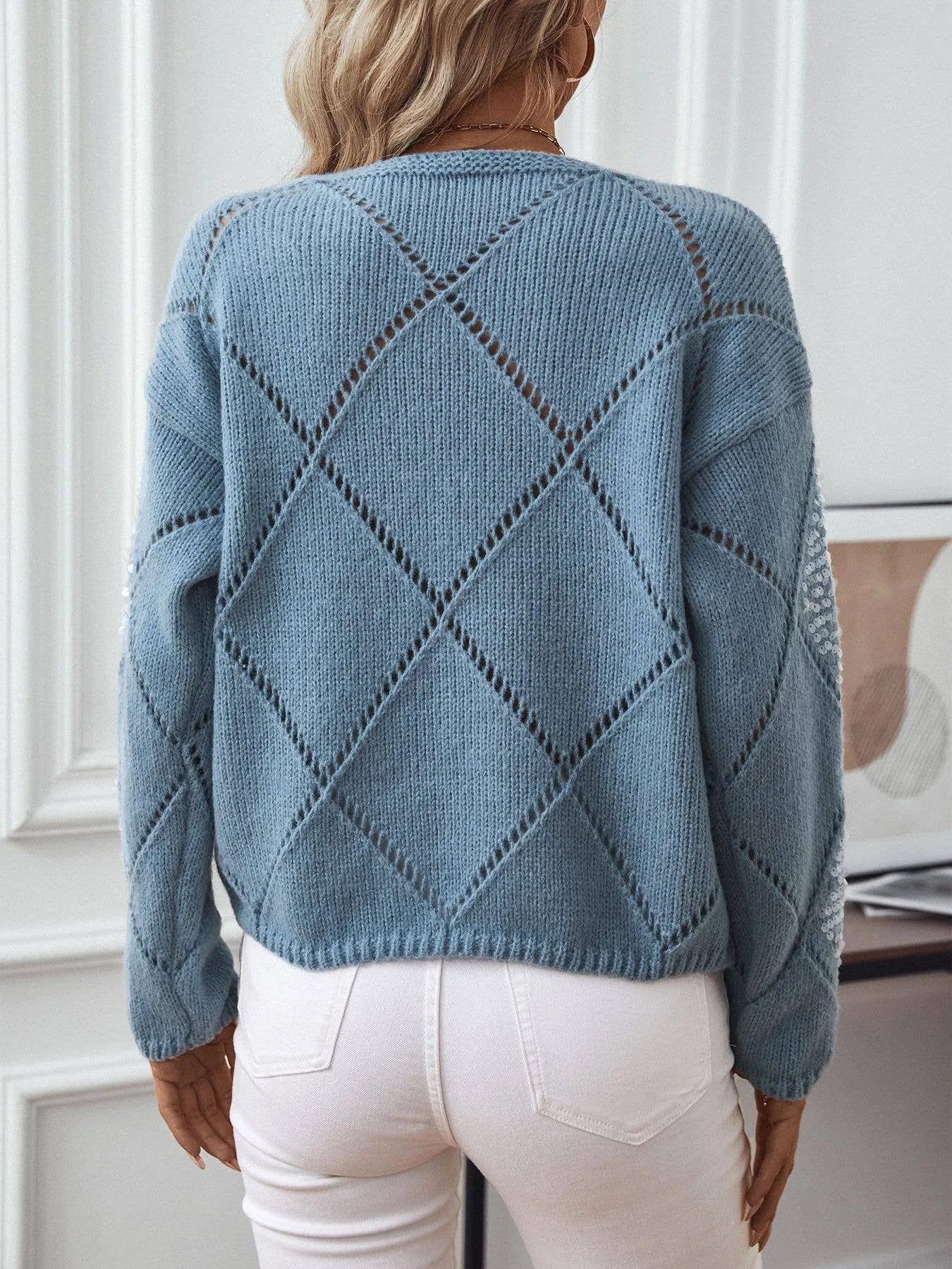 HOLLOWED-OUT SEQUIN PULLOVER SWEATER: BLUE / (M) 1