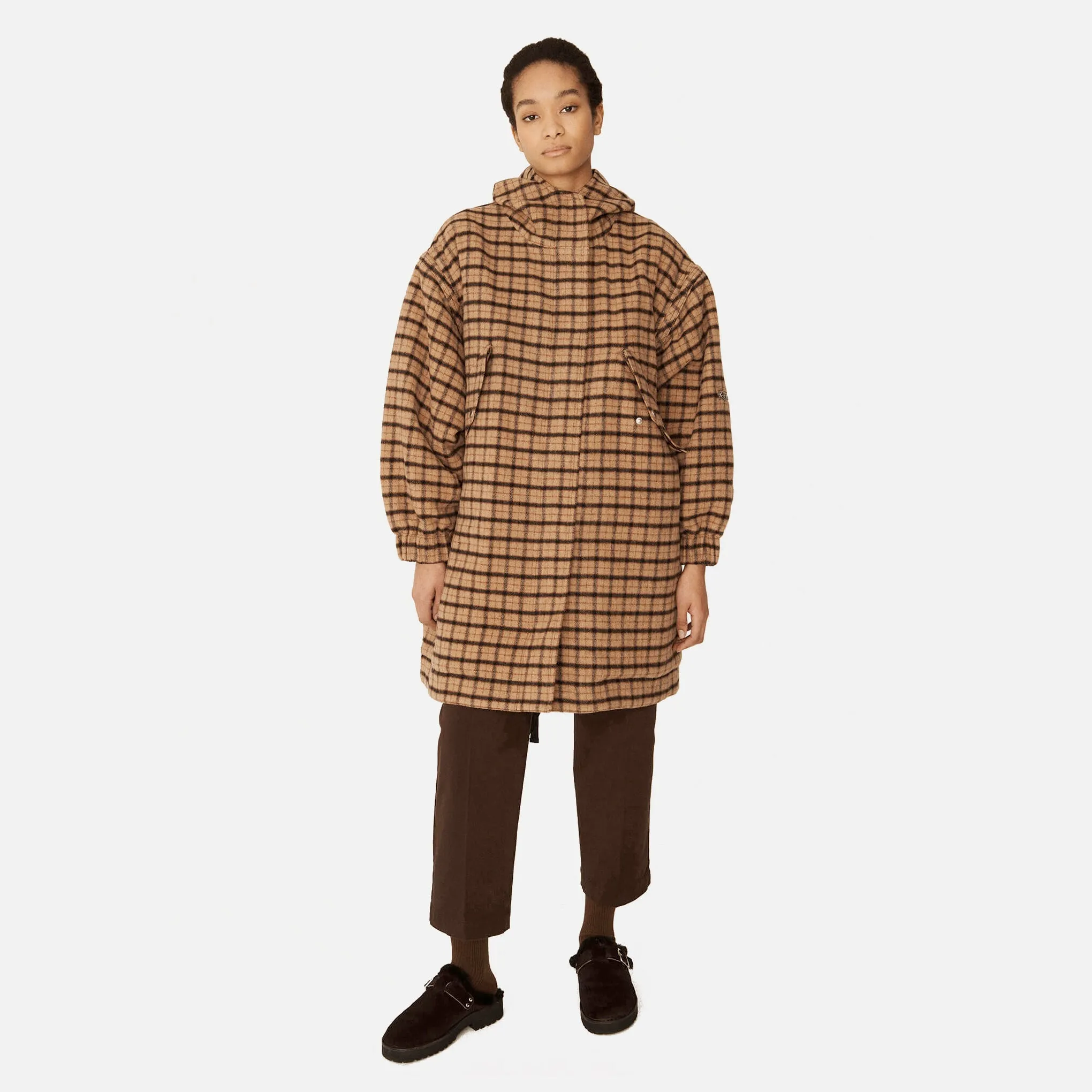 Beige Hunter Wool Blend Parka Coat with Multicolor Details