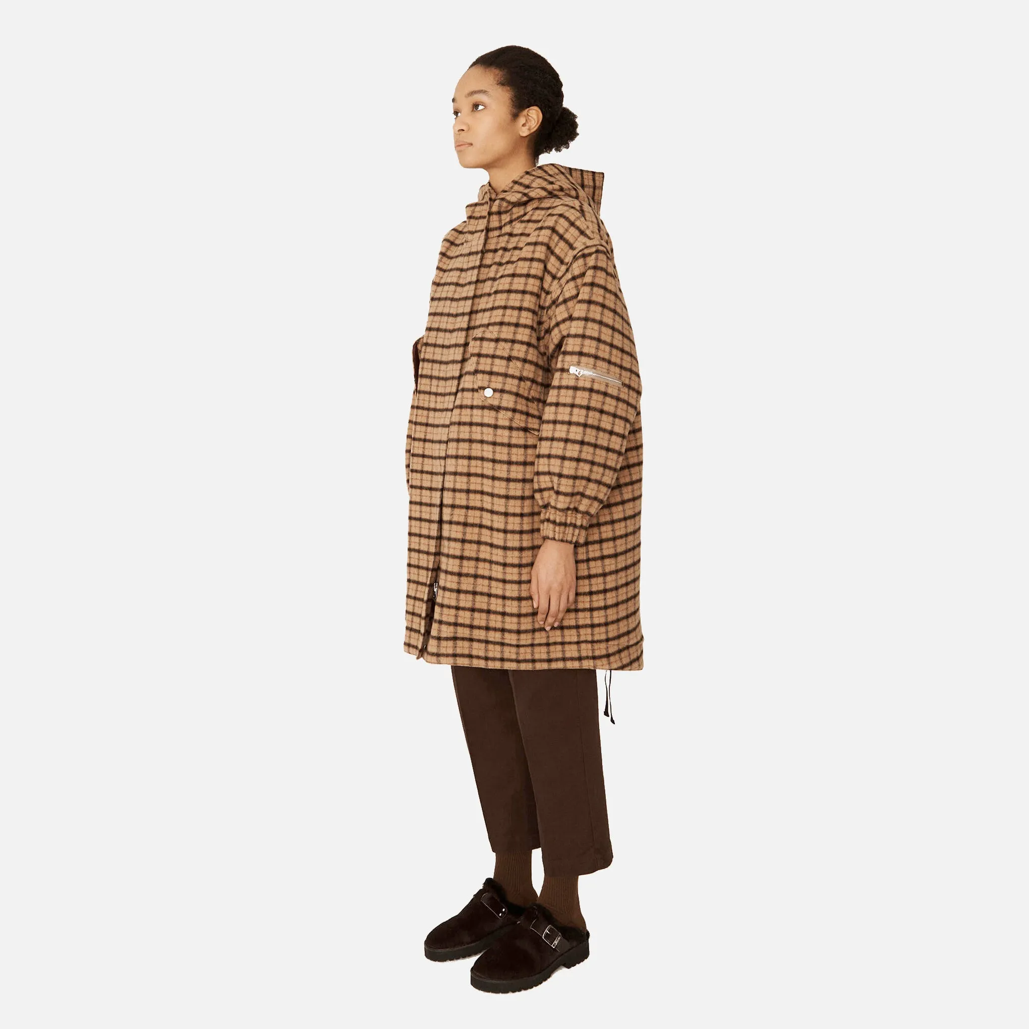 Beige Hunter Wool Blend Parka Coat with Multicolor Details