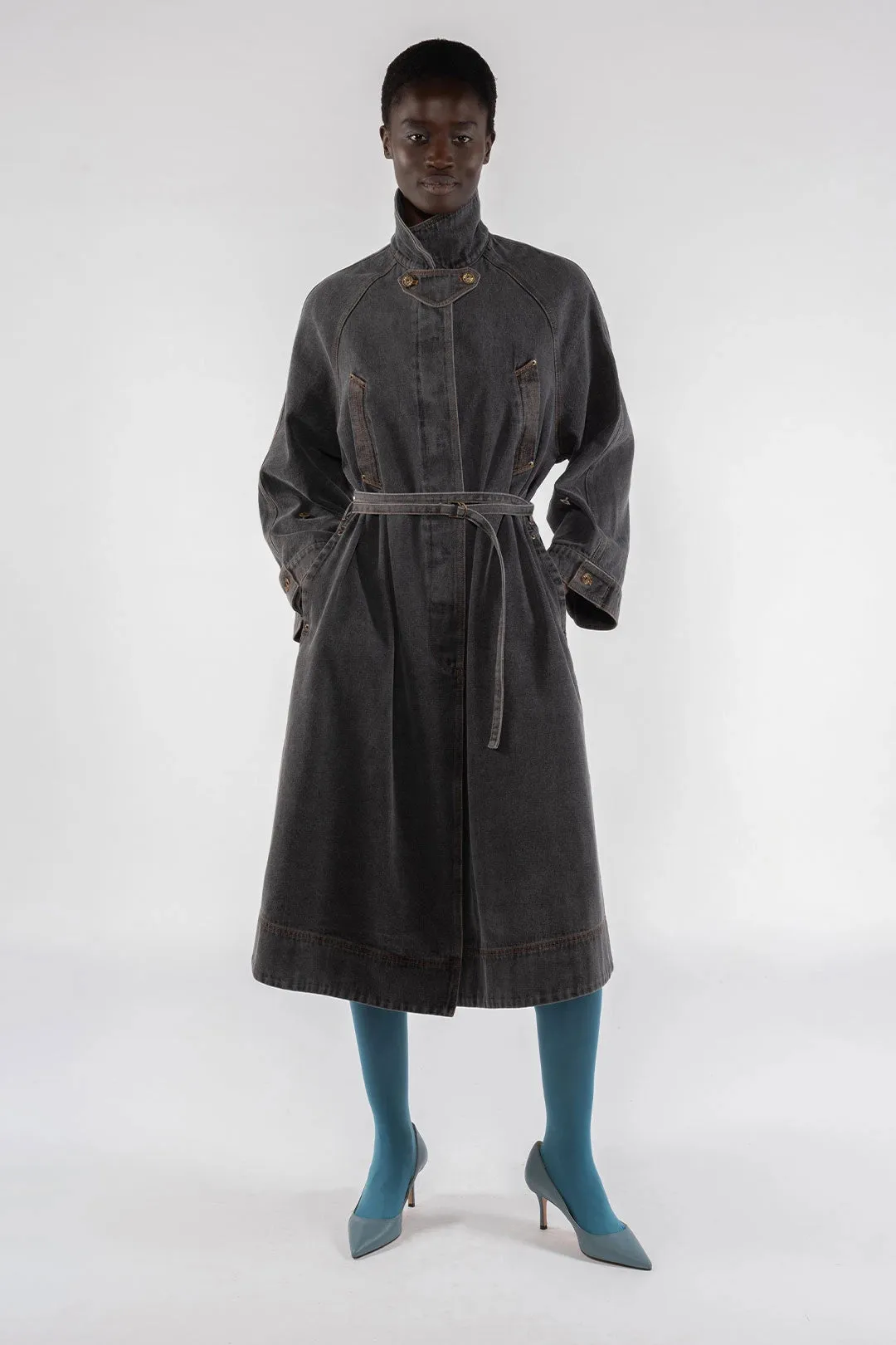 Long Denim Trench - Grey