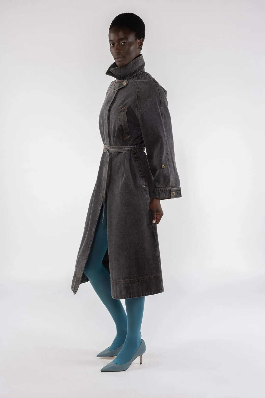 Long Denim Trench - Grey