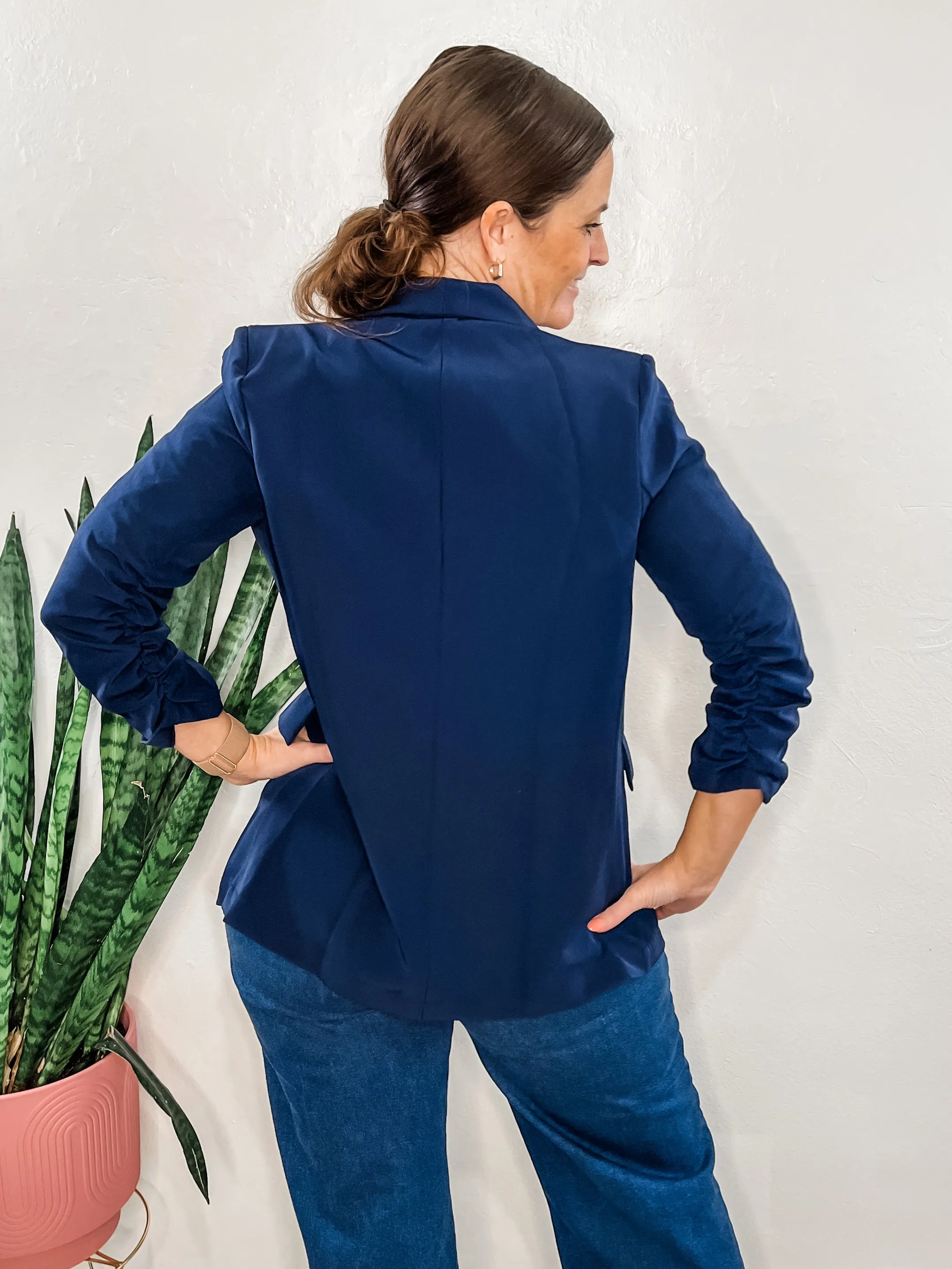 Navy Cinched Sleeve Blazer
