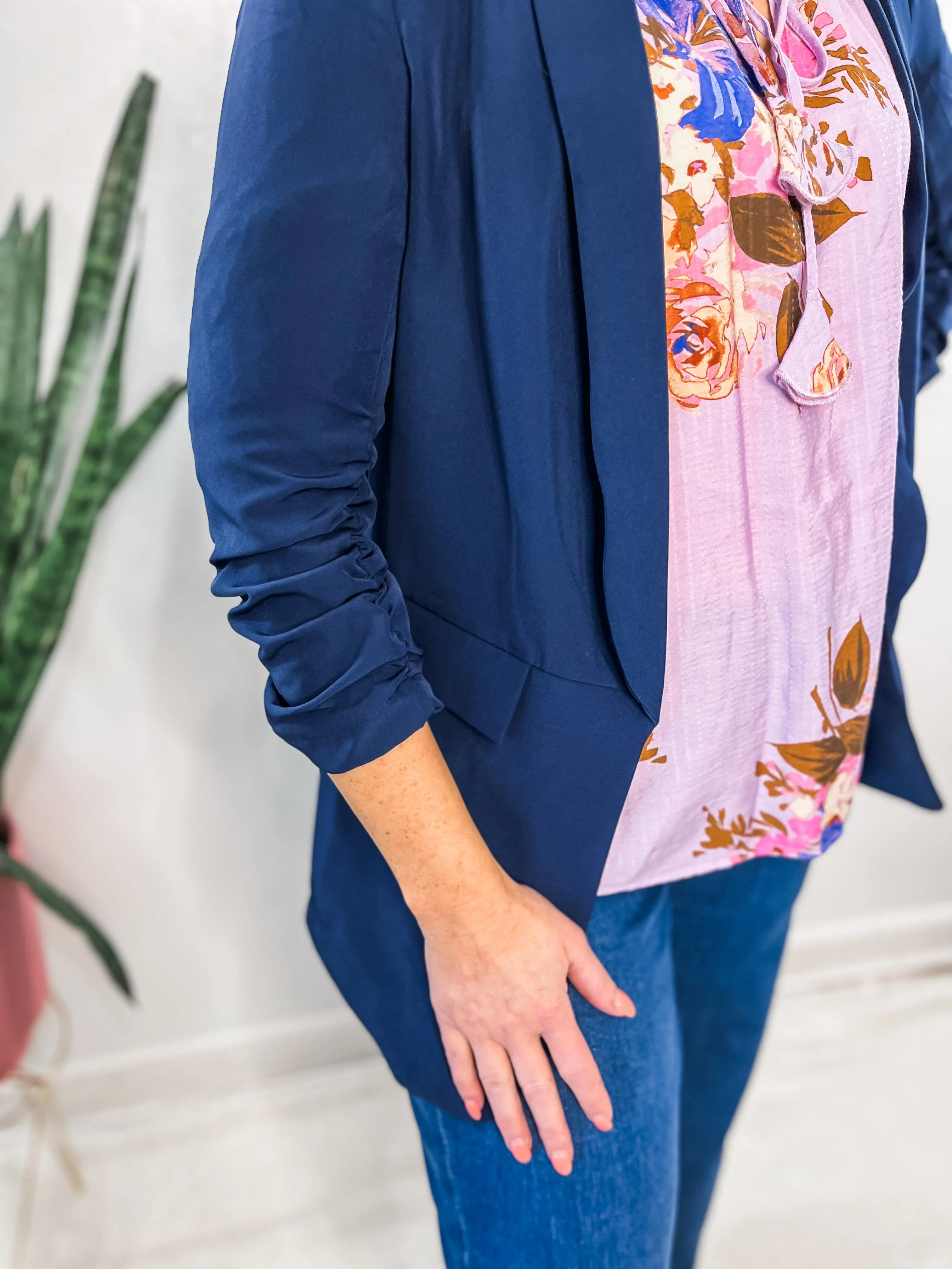 Navy Cinched Sleeve Blazer