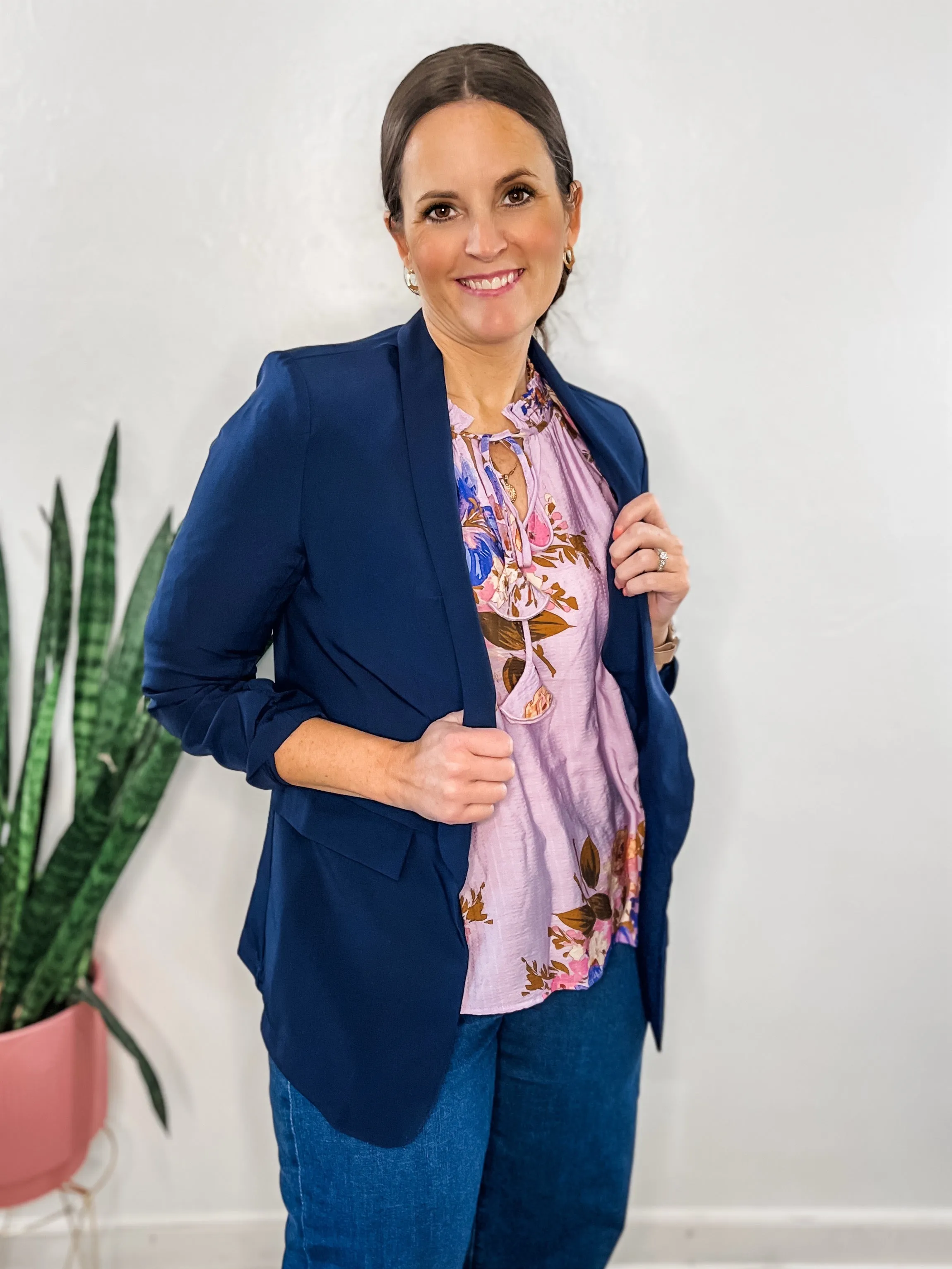 Navy Cinched Sleeve Blazer