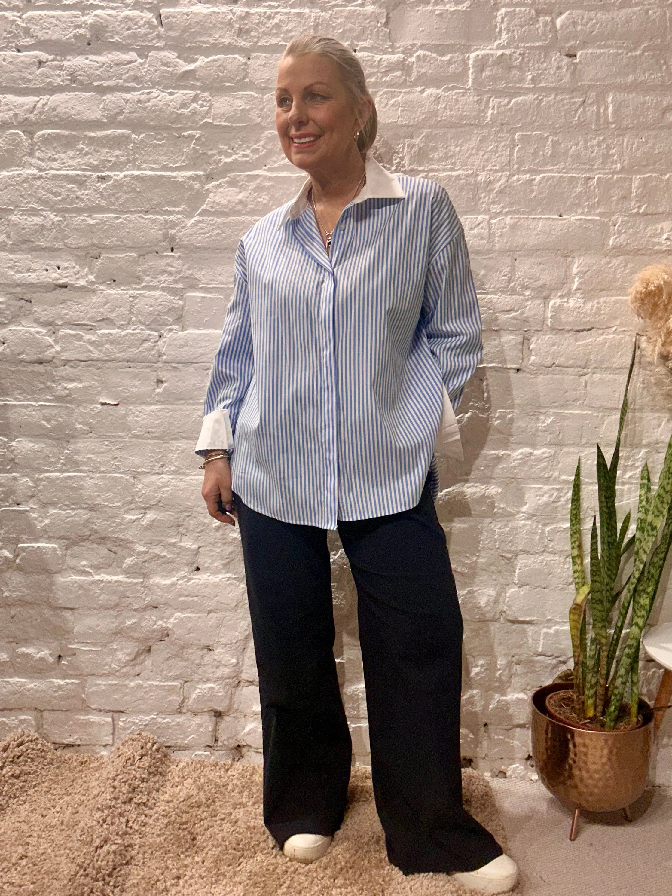 The Janet Pin Stripe Button Through Classic Shirt With White Collars and Cuffs