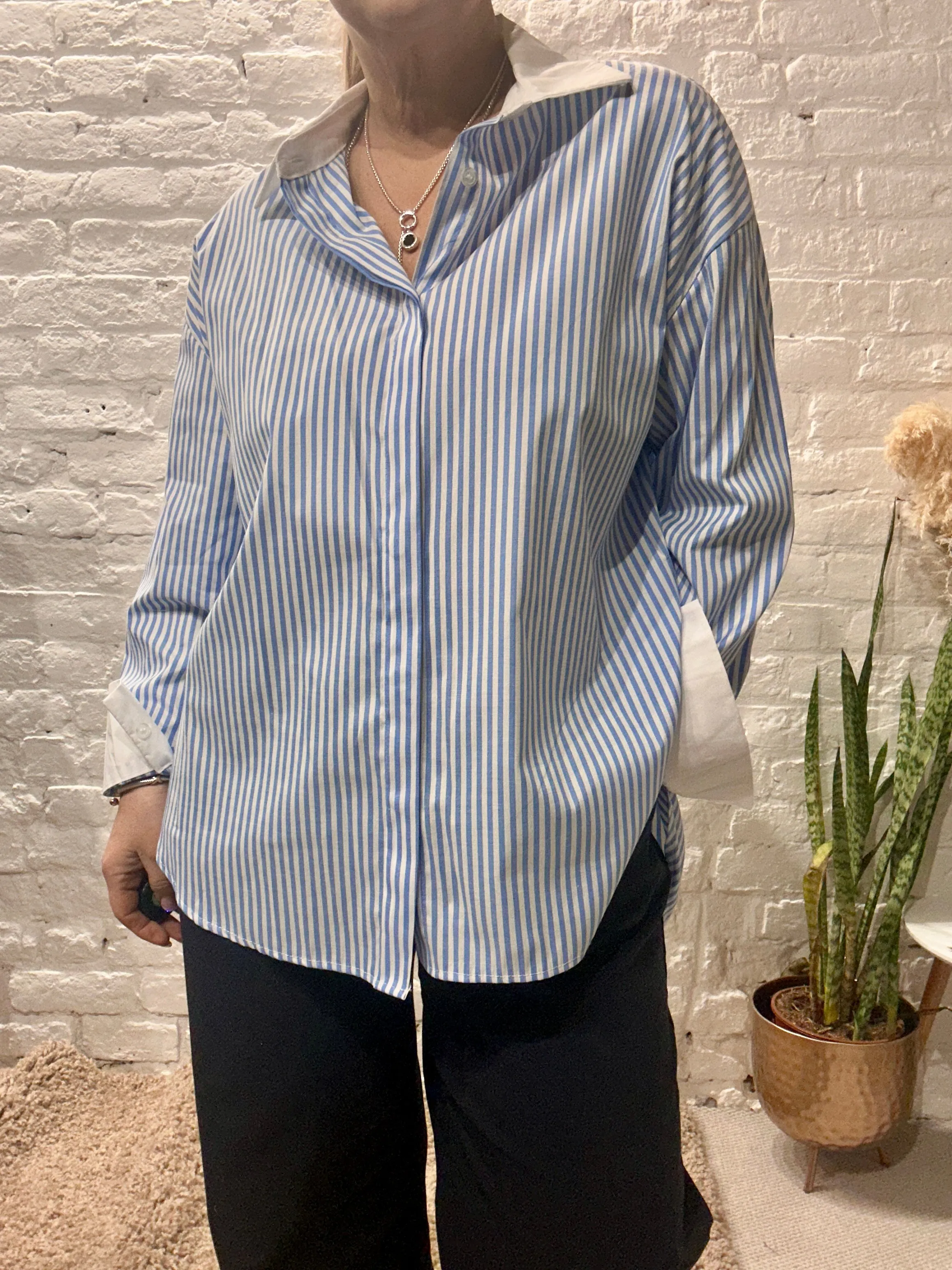 The Janet Pin Stripe Button Through Classic Shirt With White Collars and Cuffs