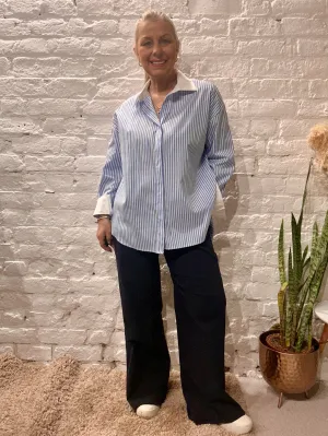 The Janet Pin Stripe Button Through Classic Shirt With White Collars and Cuffs