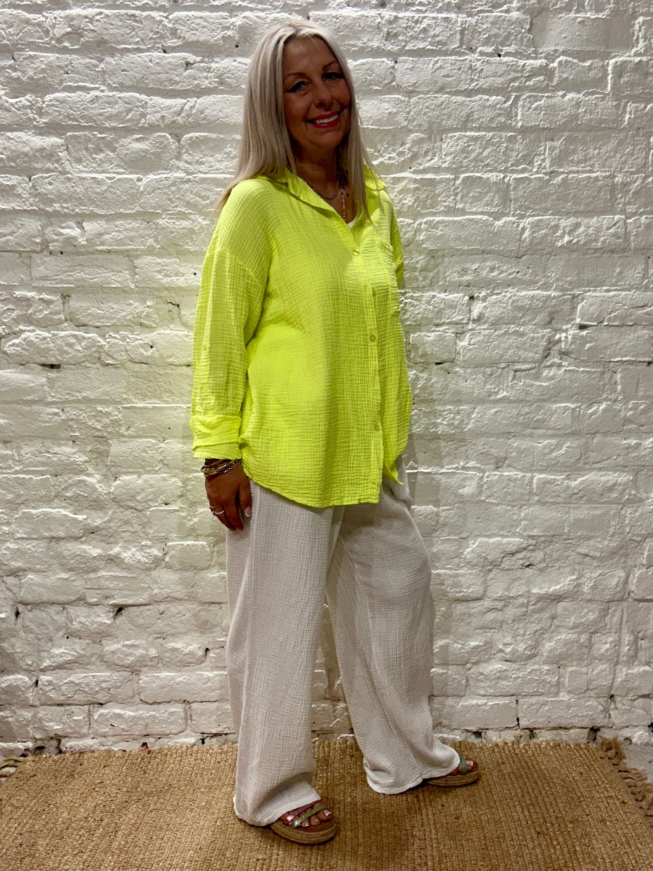 The Joanna Waffle Neon Turn Back Sleeve Button Through Shirt