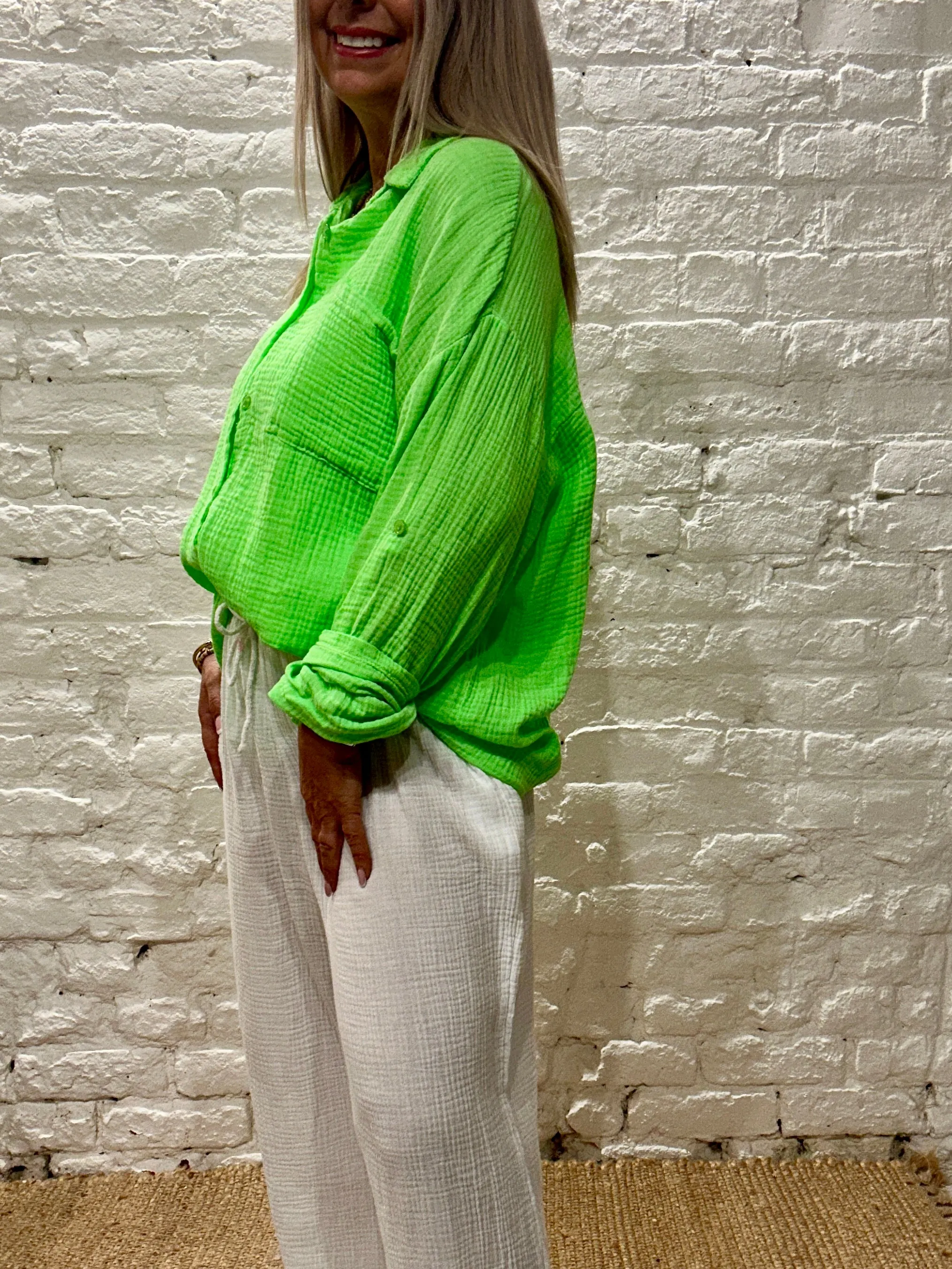 The Joanna Waffle Neon Turn Back Sleeve Button Through Shirt