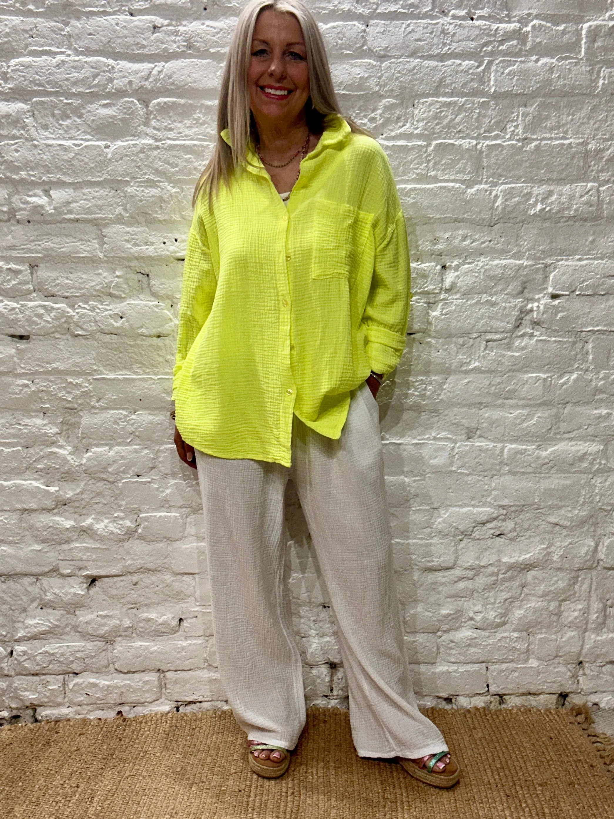 The Joanna Waffle Neon Turn Back Sleeve Button Through Shirt