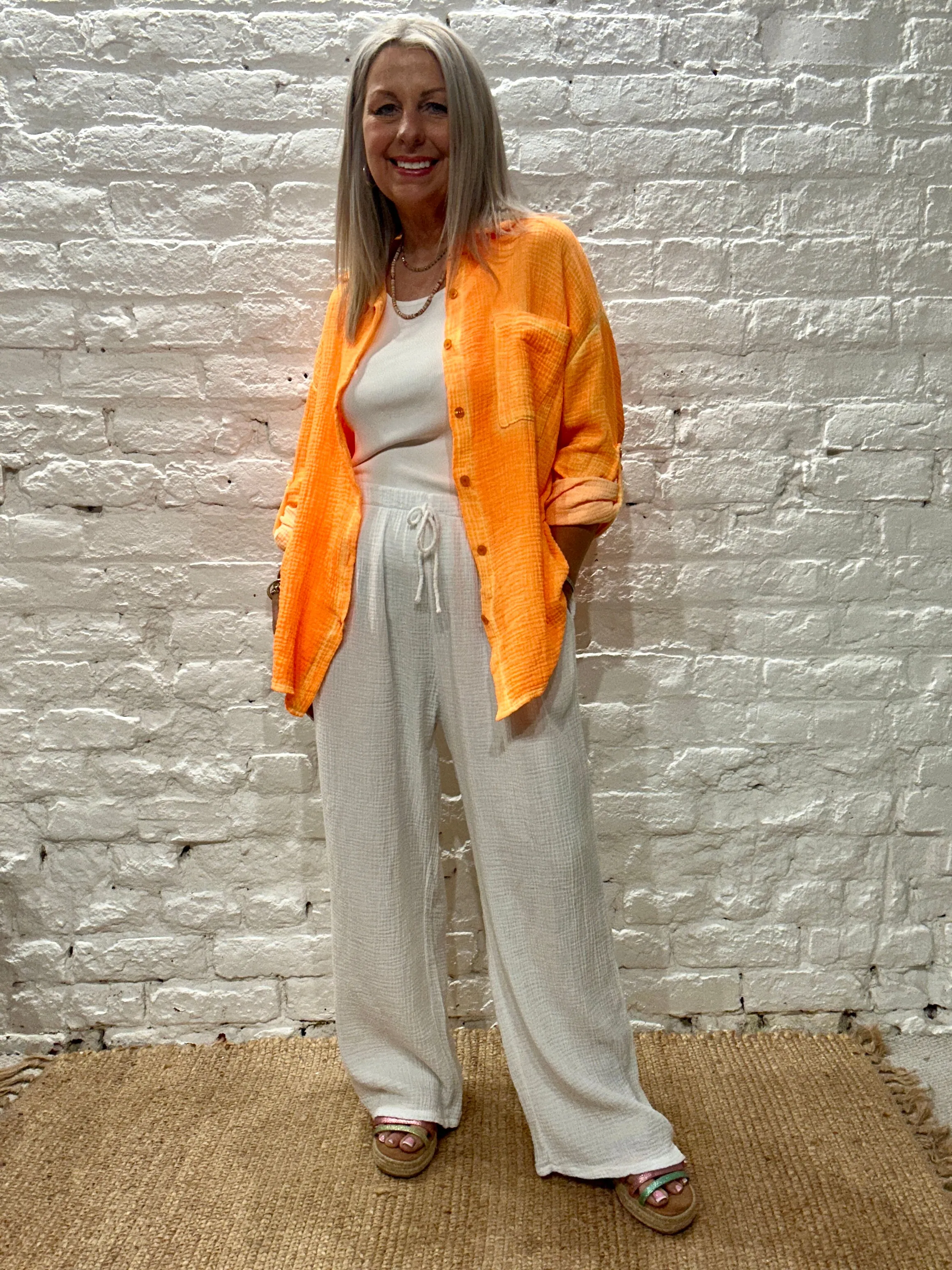 The Joanna Waffle Neon Turn Back Sleeve Button Through Shirt