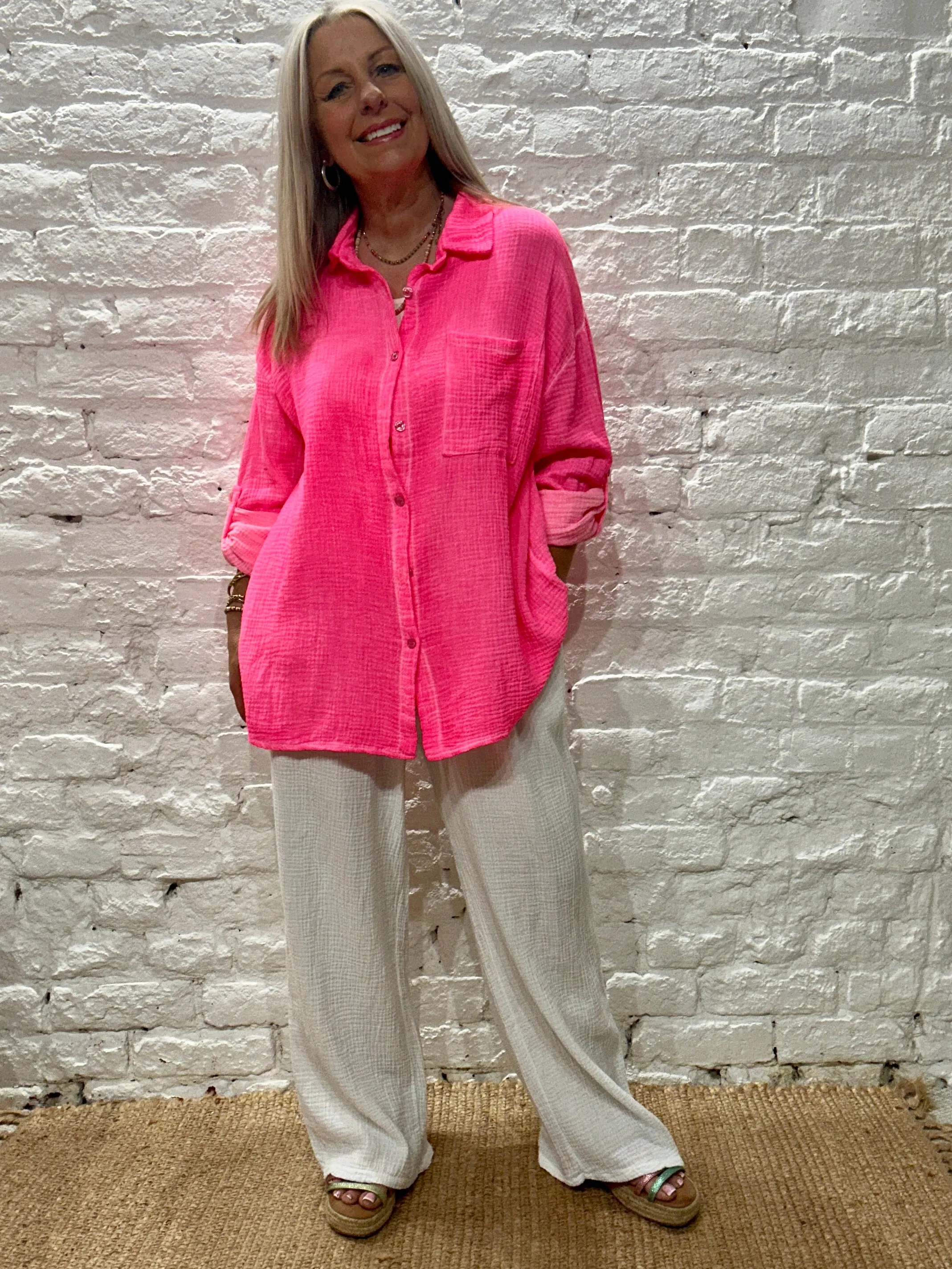 The Joanna Waffle Neon Turn Back Sleeve Button Through Shirt