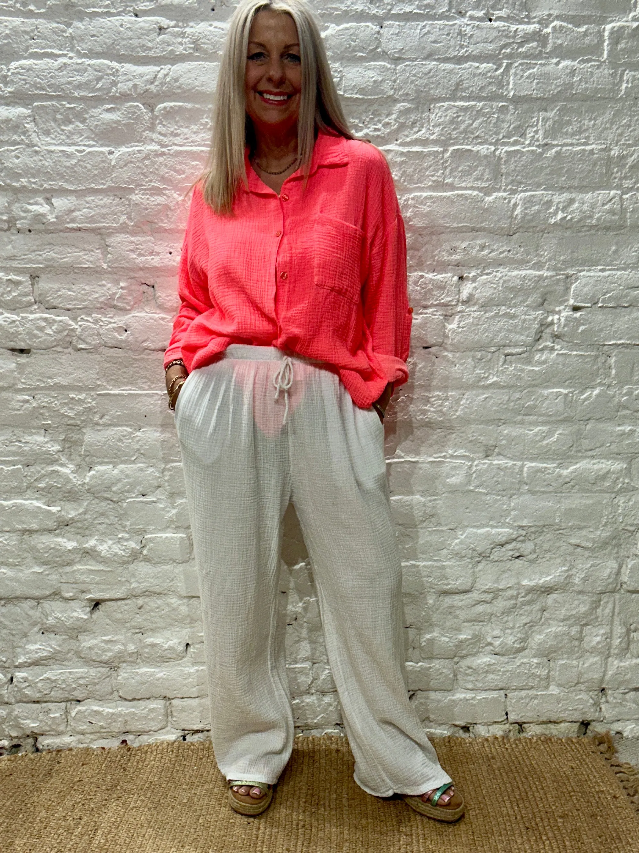 The Joanna Waffle Neon Turn Back Sleeve Button Through Shirt