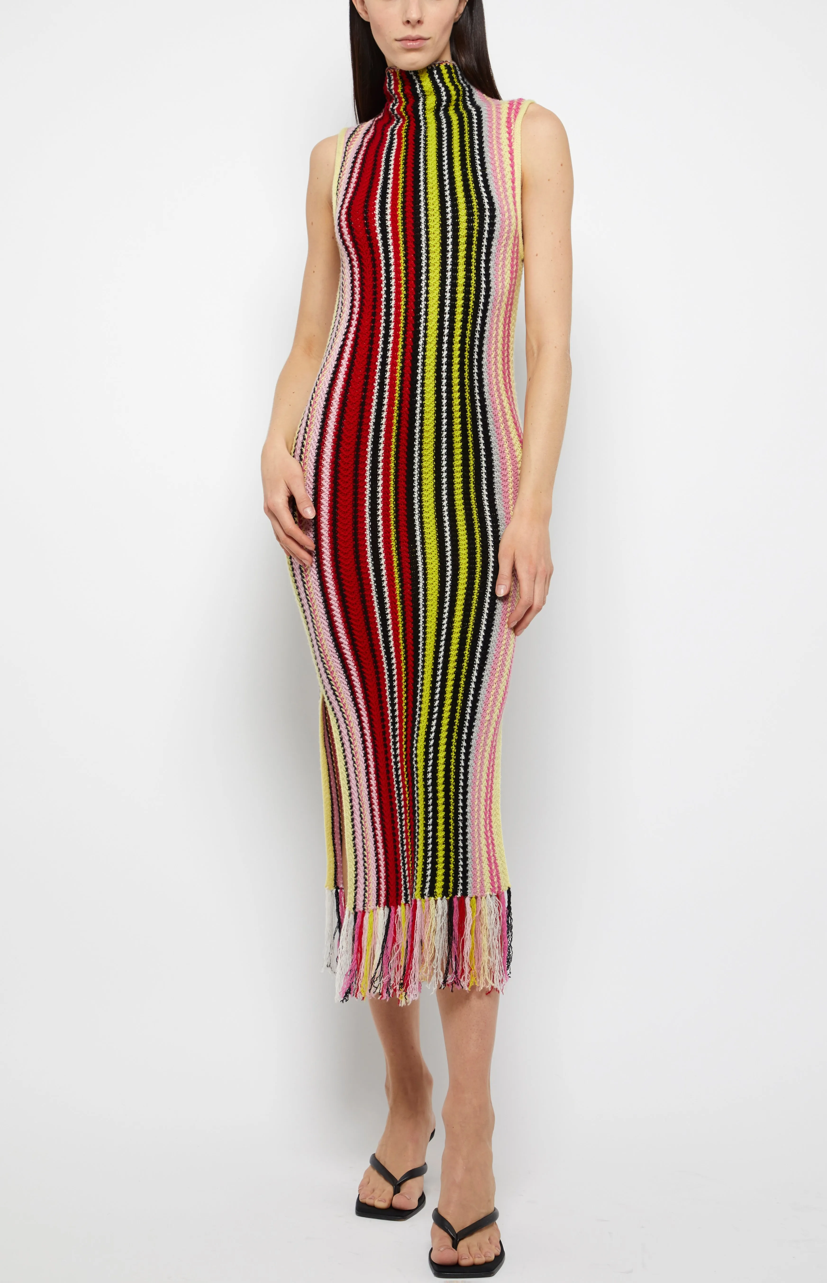 Chic Women’s Turtleneck Fringe Stripe Knit Dress – Stylish and Cozy Fashion Essential