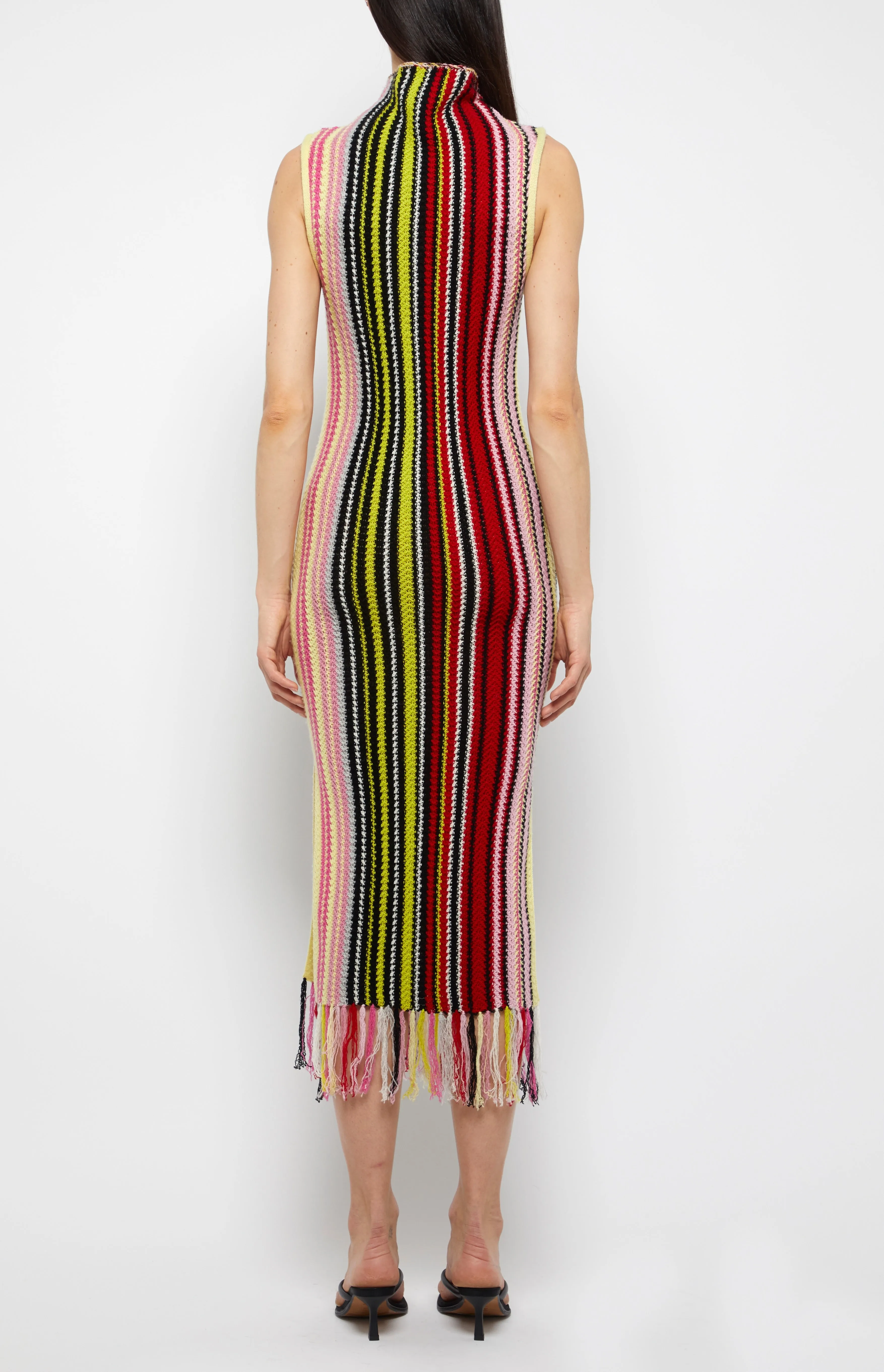 Chic Women’s Turtleneck Fringe Stripe Knit Dress – Stylish and Cozy Fashion Essential