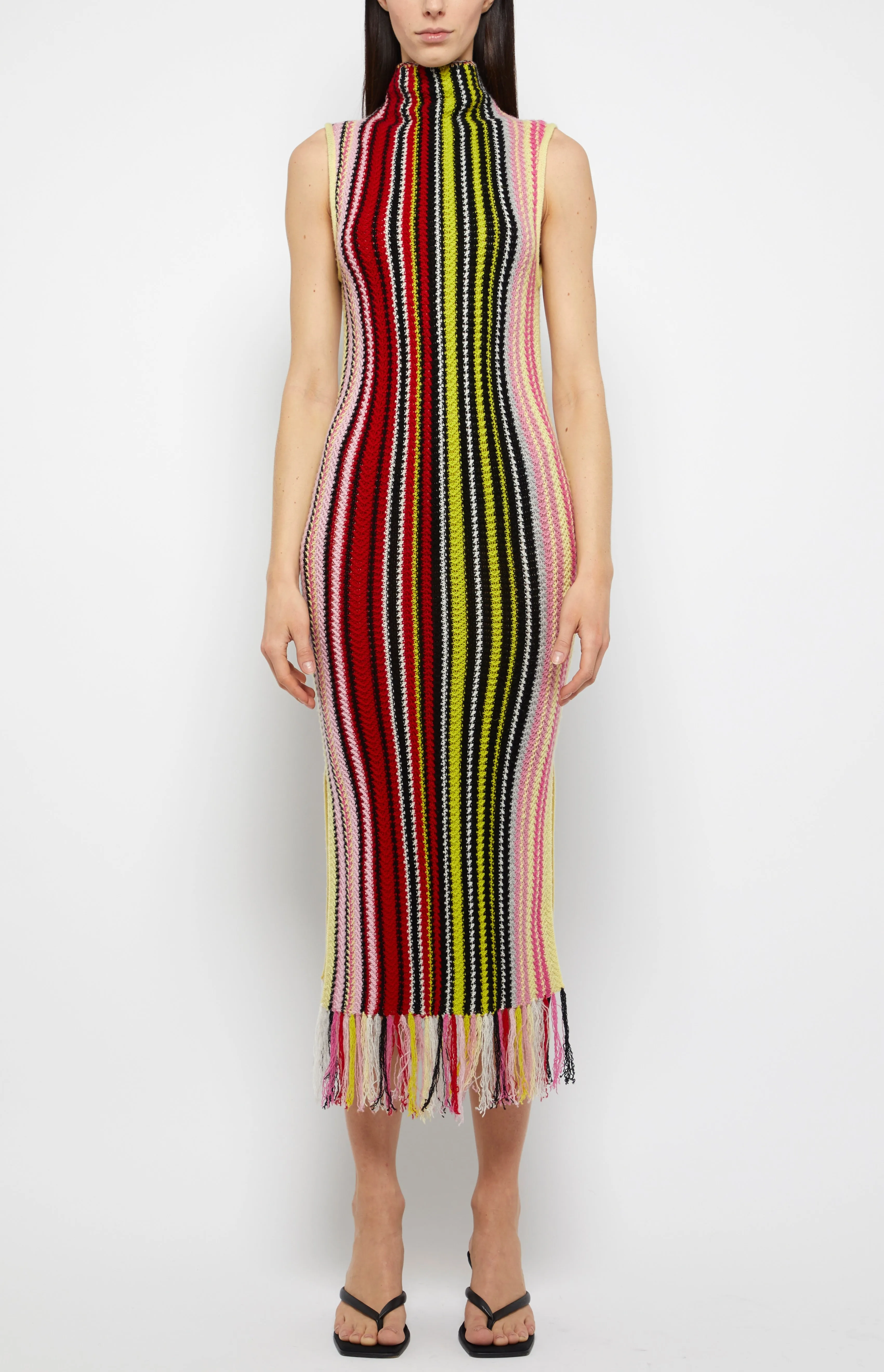 Chic Women’s Turtleneck Fringe Stripe Knit Dress – Stylish and Cozy Fashion Essential