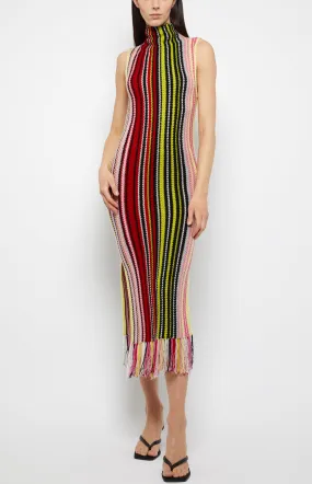 Chic Women’s Turtleneck Fringe Stripe Knit Dress – Stylish and Cozy Fashion Essential